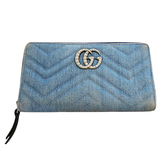 Gucci Marmont Continental Zip Wallet in Denim with Pearl GG Logo - Picture 1 of 16
